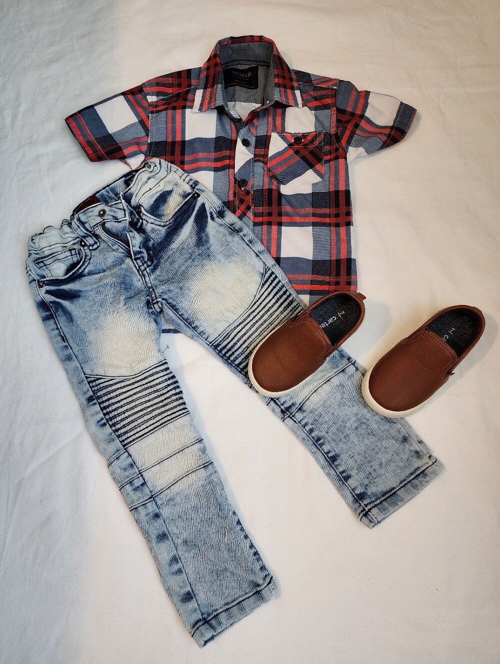 Toddler Boys 3PC Plaid Outfit Set: Shirt Jeans Shoes